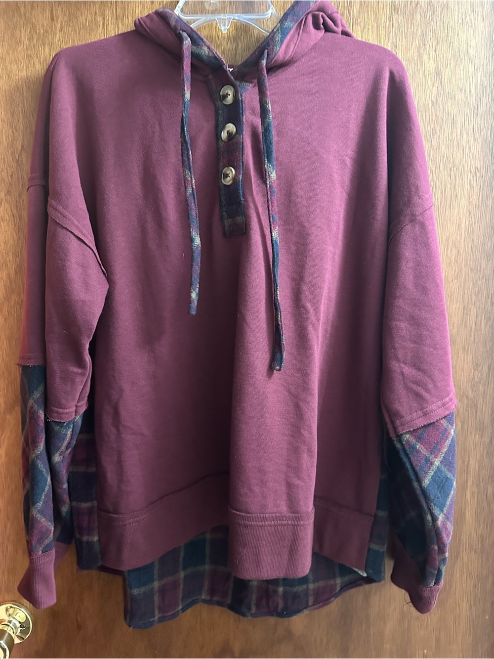 Staccato Burgundy Hoodie with Plaid Trim